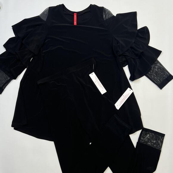 IC by Connie K Top Pants Set Womens Small Black Ruffle Sleeve Mesh Details USA - Picture 1 of 16